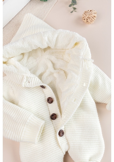 Triko Örme Welsoft Astarlı Kapüşonlu Kışlık Bebek Tulum Krem