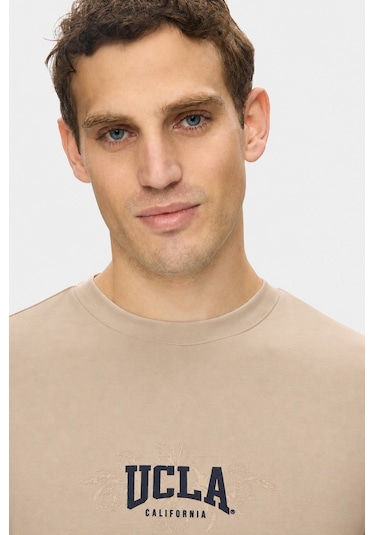 Ucla Angelo Koyu Bej Bisiklet Yaka Baskılı Yumuşak Dokulu Modal Kumaş Standard Fit Erkek Tshirt