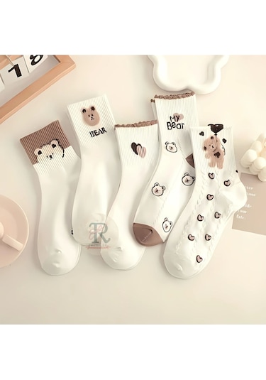 Trampler Kadın 5 Çift Ayı Balon Kalp Desenli Mevsimlik Şık Çorap Kahverengi
