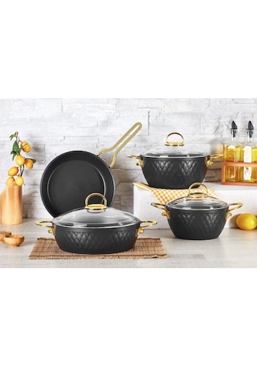 Remetta Granit Carla Gold Tencere Tava Seti Takımı 7 Parça Siyah