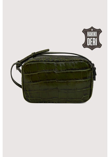 Hakiki Deri Kadın Çapraz Omuz Çantası Yeşil Kroko Smr8975 Yeşil Kroko
