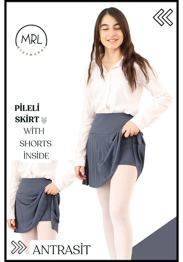 Kız Çocuk Pileli Etek Antrasit Yüksek Bel İçi Şortlu Likra Kumaş Okul-oyun-spor-etkinlik Eteği 4103 Antrasit / Gri