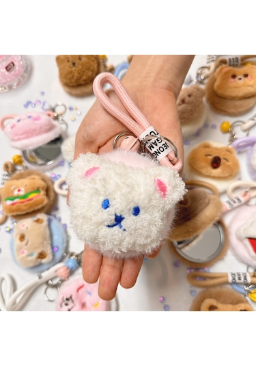 Peluş Cep Ayna Kedi Veya Ayı Figürlü Anahtarlık Tozlu Pembe