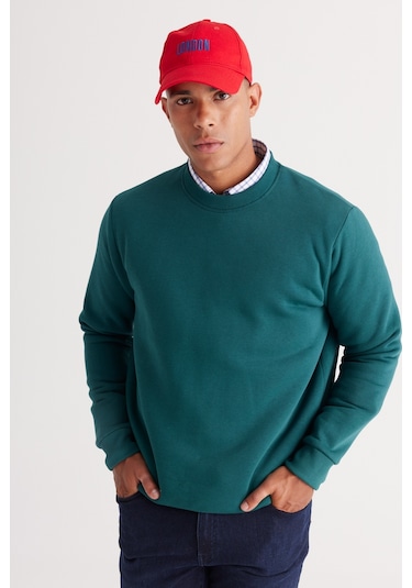 AC&Co / Altınyıldız Classics Erkek Koyu Yesıl Standart Fit Normal Kesim İçi Polarlı Bisiklet Yaka Sweatshirt Koyu Yeşil