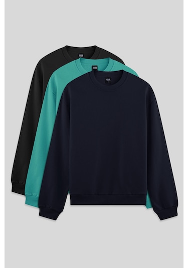 Standart Fit Basic O Yaka 3lü Paket Siyah-lacivert-deniz Yeşili Erkek Sweatshirt - 88363 Siyah - Lacivert
