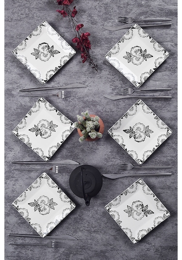 Piatti Naturali 6'lı Black Rose Tatlı Tabak Seti Sunum Servis Pasta 15 Cm