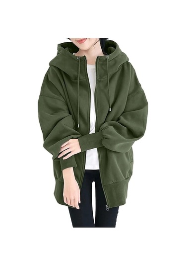 Novahub Uzun Kollu Kapüşonlu Bağcıklı Cep Fermuarlı Hırka Kazak Sweatshirt Kadın İlkbahar Ve Sonbahar Peluş Kazak Büyük Beden S-5xl Yeşil - Xl Yeşil