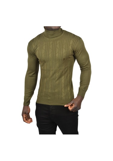 Deepsea Erkek Haki Çizgi Desenli Slim Kesim Tam Balıkçı Yaka Triko Boğazlı Kazak 2505509 Haki