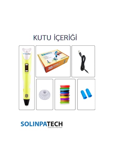 Sarı 3D Kalem 3D Pen Yazıcı Kalem | 20 Adet 5 Metre (Toplam 100 Metre) Filament + USB KABLO