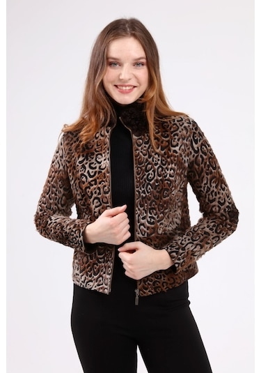 Leatinn Kahverengi Kadın Leopar Desenli Deri Ceket