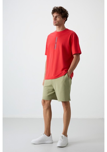 Tommy Life Fiesta Pamuklu Kalın Yüzeyi Dokulu Oversize Fit Baskılı Erkek T-shirt - 88366 Kirmizi