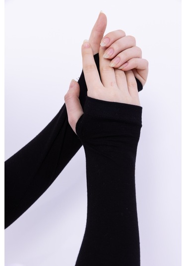 Parmak Geçmeli Likralı Kolluk Siyah - Kadın Tesettür Düz Namaz Kolluğu 1 Çift Viskon Hijab Siyah