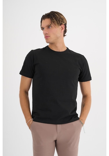 Erkek Siyah %100 Pamuklu Standart Kalıp Likralı Basic T-shirt Siyah