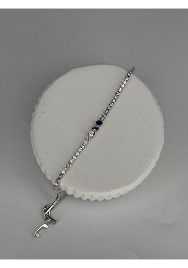 Mor Ve Siyah Taş Detaylı Gümüş Renk Çelik Bileklik Zarif Kadın Takı Gümüş