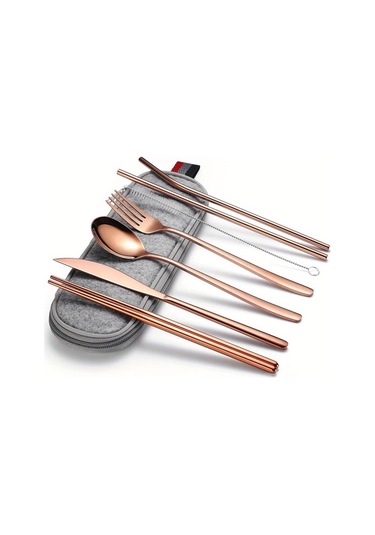 Katlanır Sofra 304 Paslanmaz Çelik Kore Bıçak Çatal Kaşık Çubuklarını Saman Taşınabilir Sofra Seti Seyahat Çubuklarını Gül Altın