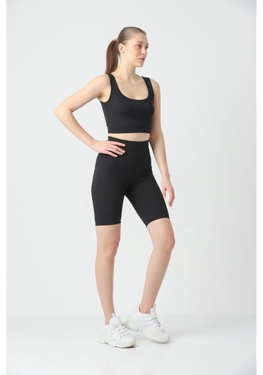 Kallima Siyah Toparlayıcı Fitilli Spor Crop-biker Tayt Takım Siyah