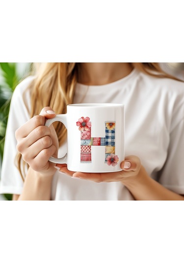 H Harfli Retro Çiçekli Kupa Bardak - Patchwork Tarz Yamalı Desenli İsme Özel Kupa - Hediye Beyaz