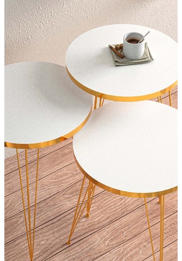 Beyaz Gold Metal Ayaklı Gold Detaylı Zigon Sehpa