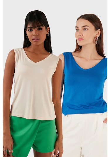 Lela Slim Fit V Yaka Kalın Askılı 2' Li Paket Bayan Bluz 5864384S2 Taş-Saks