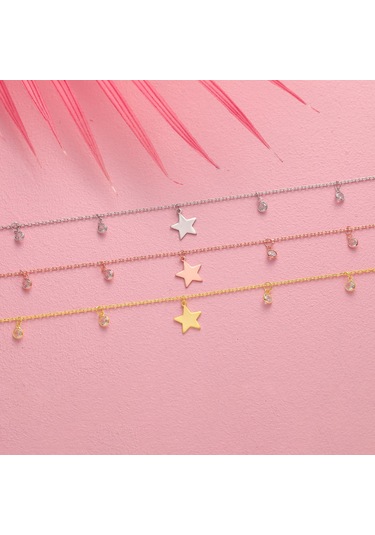 Queen Silver Jewelry 925 Ayar Gümüş Yıldız Objeli Zirkon Taş Sallantılı Halhal Altın