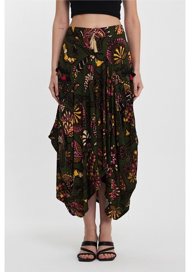 Schık Kadın Viskon Empirme Çiçek Baskı Bohem Stil Cepli Bel Lastikli Etek Haki