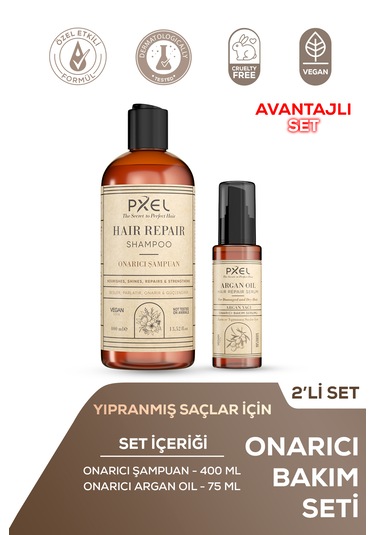 Pxel Onarıcı Şampuan - Argan Serum 2 Li Set Vegan 400 Ml, 75 Ml