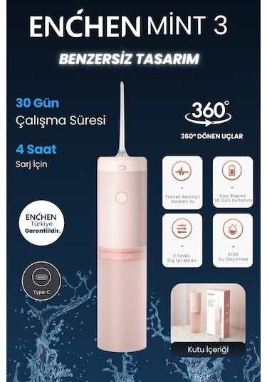 Enchen Mint 3 Pembe Pratik Kullanımlı Değiştirilebilir Başlıklı 3 Kademeli Şarjlı Ağız Duşu