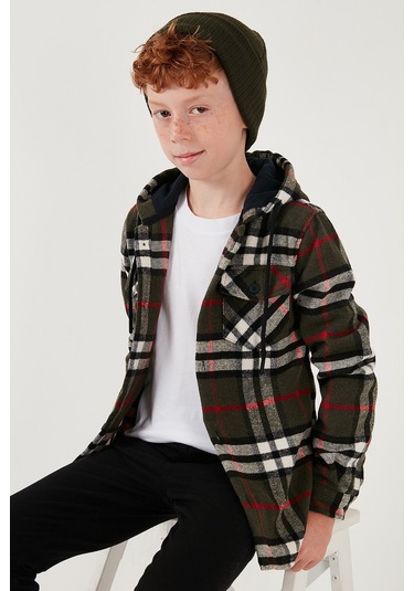 Lela Kapüşonlu Çift Cepli Ekoseli Oduncu Erkek Çocuk Gömlek Cf25W81786 Haki