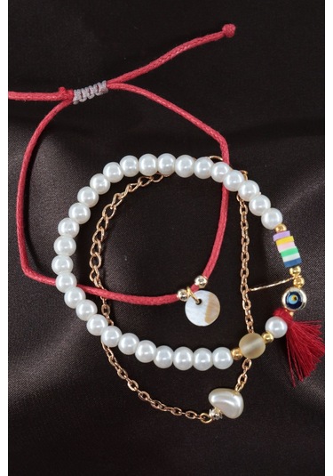 3lü Nazar Boncuklu İncili Püsküllü Asansörlü Lastikli Kırmızı İp Bileklik. Kadın İp Bileklik Halhal Çok Renkli