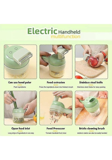 4'ü 1 Arada Elde Taşınabilir Elektrikli Sebze Doğrama Seti Çok İşlevli Chili Sebze Öğütücü Zencefil Ezici Yeşil Siyah