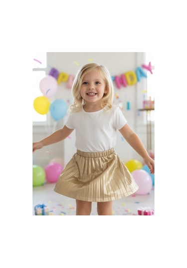 Zekids Kız Bebek Pileli Deri Etek-16519 Altın