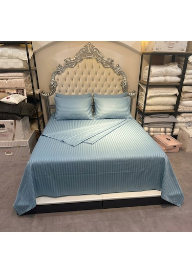 Goldroom Home Çizgili Pamuk Saten Çift Kişilik Nevresim Takımı Mint Yeşili