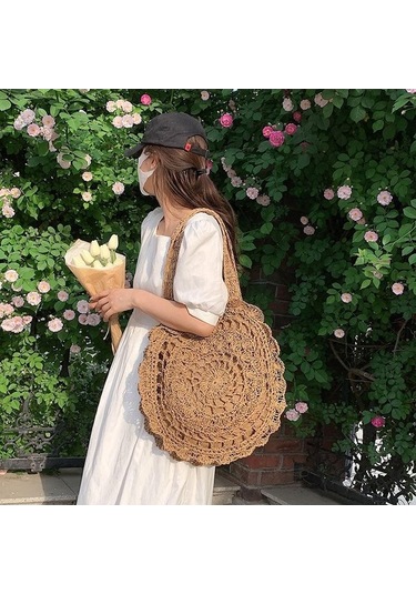 Novahub Koyu Kahverengi Bohem Tarzı Hasır Örgü Plaj Çantası - El Yapımı Omuz Çantası 40cm Koyu Kahverengi