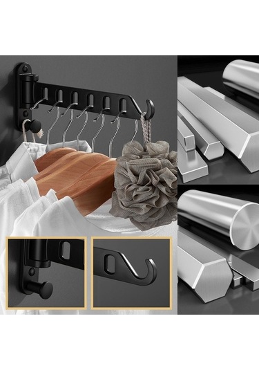 Besthome1 Alüminyum 6 Delikli Duvar Çamaşır Asacı - Siyah 2'li Paket Banyo/balkon/küche Stabile Uygun Siyah