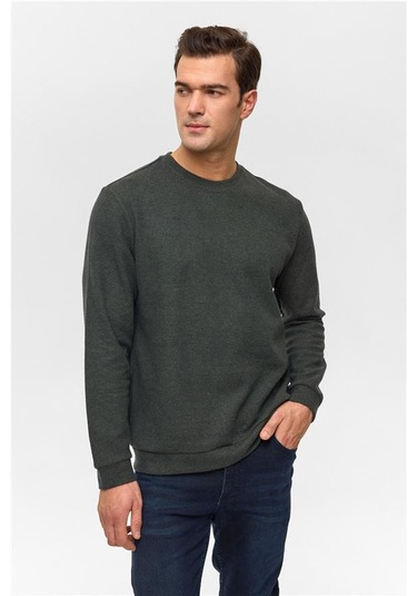 Haki Regular Düz Bisiklet Yaka Sweatshirt Haki
