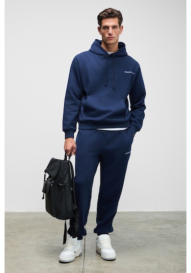 MARSHALLHOODIE Erkek Pamuklu İçi Polarlı Nakışlı Relaxed Koyu Lacivert Eşofman Takımı