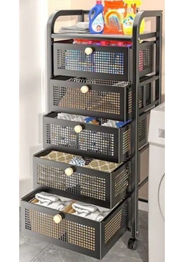 Trendesk 5 Katlı Siyah Çekmeceli Tekerlekli Banyo Organizer Banyo Düzenleyici