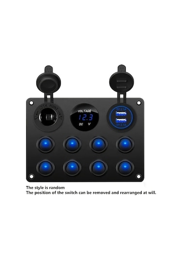 Motion003 Mavi 12v Sigara Cakmak Soketli 8 Pozisyonlu Doner Anahtar Paneli Usb Sarjli Dijital Voltmetreli Seri Sigortali Araba Karavan Tekne