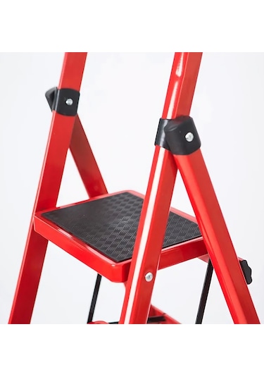 Asil Metal 3 Basamaklı Katlanır Merdiven Kaymaz Yüzeyli Basamaklı Ev Tipi 150 Kg Taşıma Kapasiteli Kırmızı 1 Adet