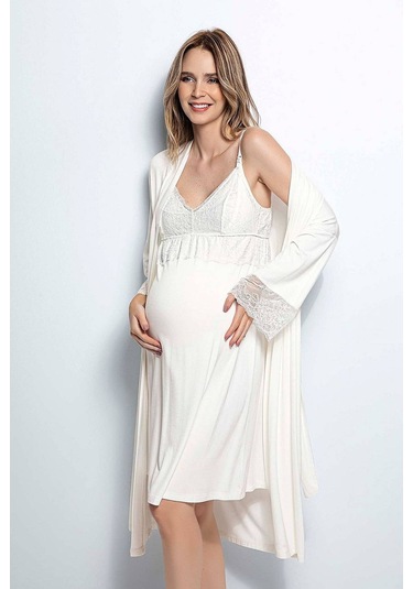 Monamise 18429 Hamile Lohusa Sabahlıklı Gecelik Takım - Ekru