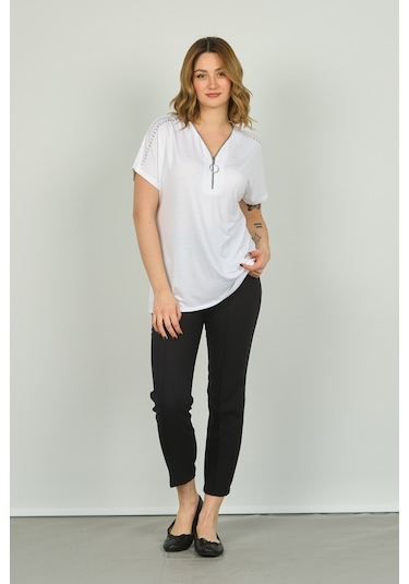 Ella Camelia Kadın Fermuarlı Kısa Kol Bluz 20e038 Beyaz