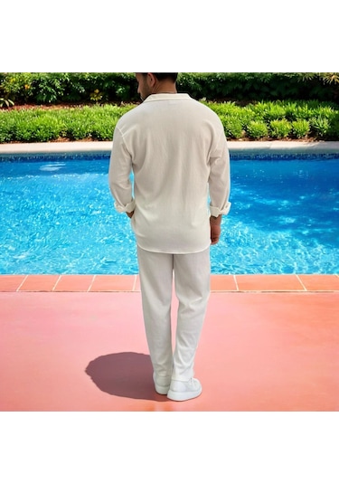 Erkek Bürümcük Krinkıl Kumaş Yazlık Likralı Apaj Yakalı Gömlek Ve Eşofman Takım Kombini Beyaz