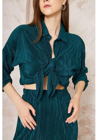 Kadın Pliseli Beli Lastikli Pantolon Tunik Gömlek Ikili Bürümcük Salaş Takım 3573300 Petrol