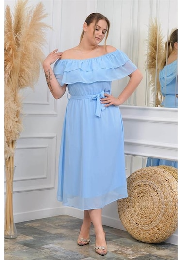 Dip Moda Kadın Şifon Kuşaklı Büyük Beden Elbise Dpnb8061 Bebe Mavisi Bebek Mavisi