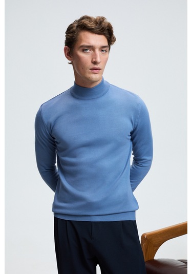 REBEL Erkek Yarım Balıkçı Yaka Basic Slim Fit Triko Mavi Kazak