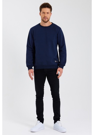 MMetalic Bisiklet Yaka Etiket Detayı İçi Pamuklu Erkek Sweatshirt Lacivert