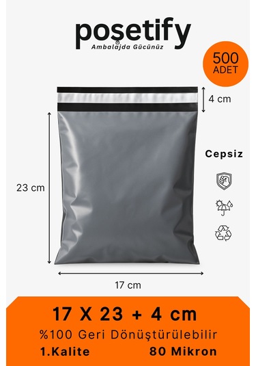 Gri Cepsiz Kargo Poşeti 17x23+4 Cm Yapışkan Bantlı Kargo Zarfı 500 Lü E-ticaret Poşeti