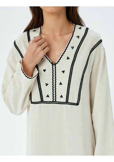 Koton Keten Karışımlı İşleme Detaylı V Yaka Oversize Uzun Elbise Bej 5sak80033uw Ekru