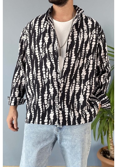 Siyah Desenli Uzun Kollu Oversize Gömlek 001