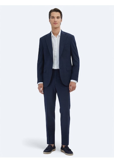 Lacivert Kareli Modern Fit Yün Karışımlı Takım Elbise Lacivert